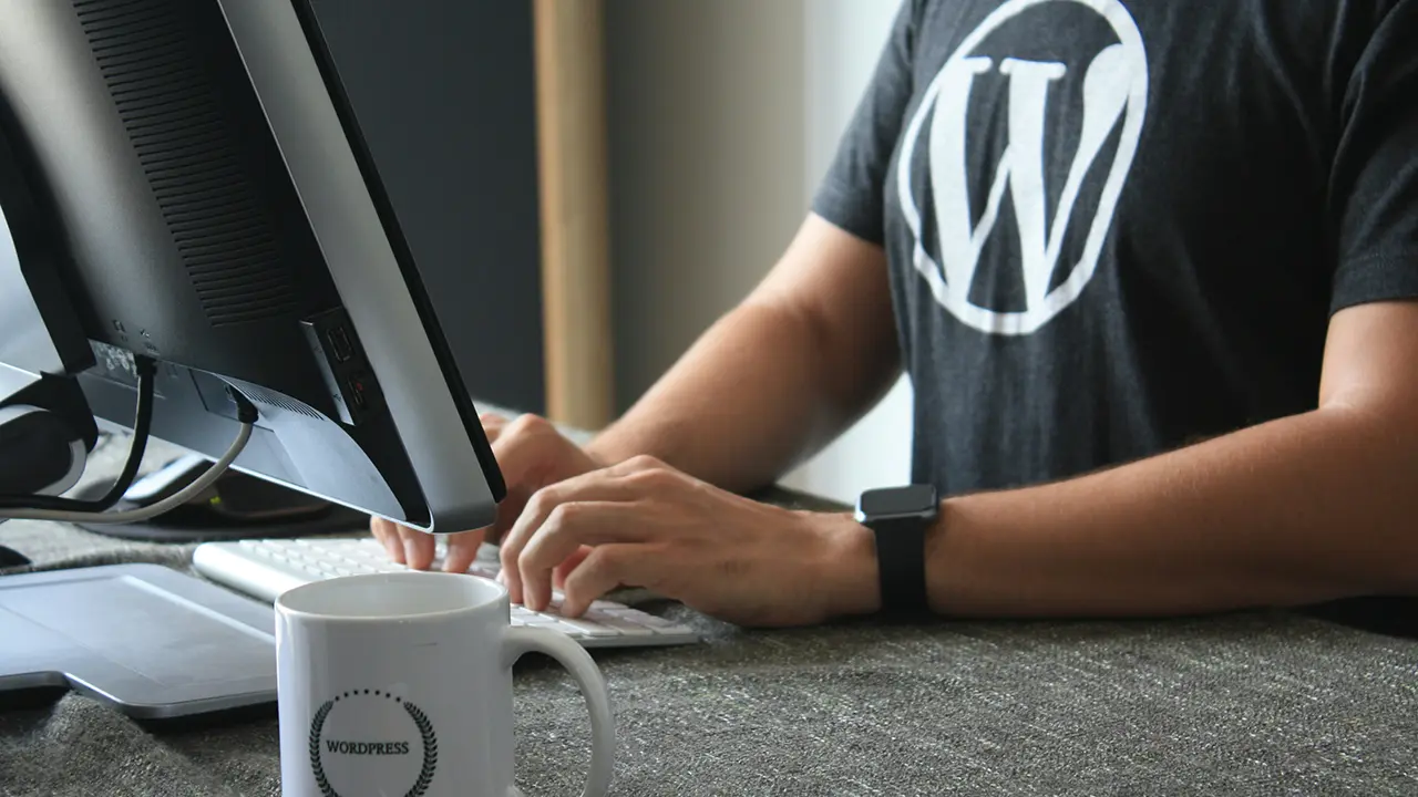 Ein Mann mit einem WordPress T-Shirt sitzt an einem Computer