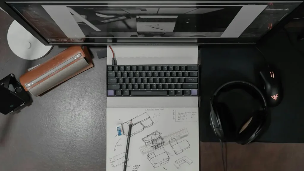 Draufsicht auf einen Architekten-Arbeitsplatz mit Skizzenheft, technischen Zeichnungen, Tastatur, Maus, Kopfhörer und Monitor. Der Tisch zeigt die Verbindung von analogem Entwurf und digitaler Umsetzung im kreativen Planungsprozess.