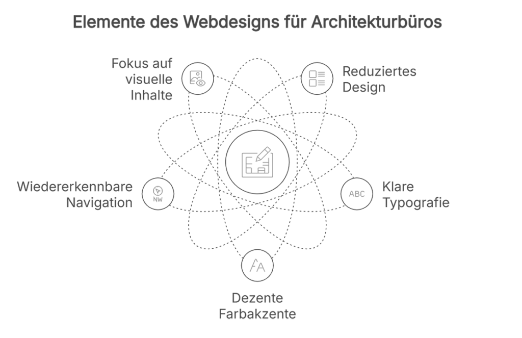 Infografik zeigt zentrale Anforderungen an eine Architekten-Website: Projektpräsentation, klare Navigation, responsive Gestaltung, Vertrauensaufbau, Filterfunktionen, interaktive Elemente und einfache Kontaktaufnahme. Die Punkte sind grafisch um ein zentrales Website-Symbol gruppiert.