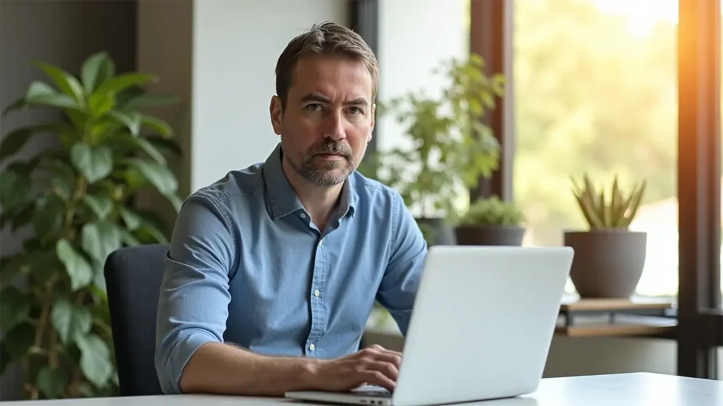 Ein Mann sitzt im Büro am Laptop, umgeben von Pflanzen und Tageslicht – Symbolbild für einen Webdesigner in Hannover.