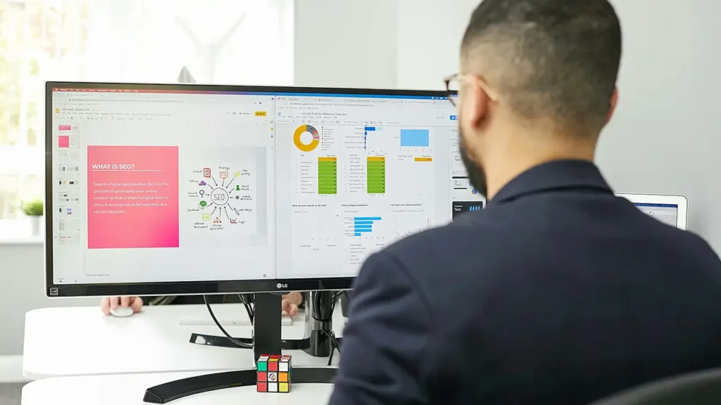 Mitarbeiter arbeitet an zwei Monitoren mit SEO-Diagrammen und Statistiken – Darstellung von Analyse und Daten für die Homepage Optimierung.