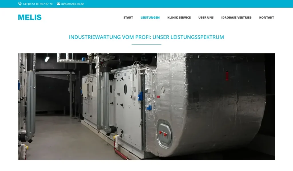 Webagentur Hannover – Website für Industriepartner Melis IW Screenshot der von der Webagentur Hannover realisierten Website für Melis IW mit Fokus auf Industrieanlagen und technische Wartung.