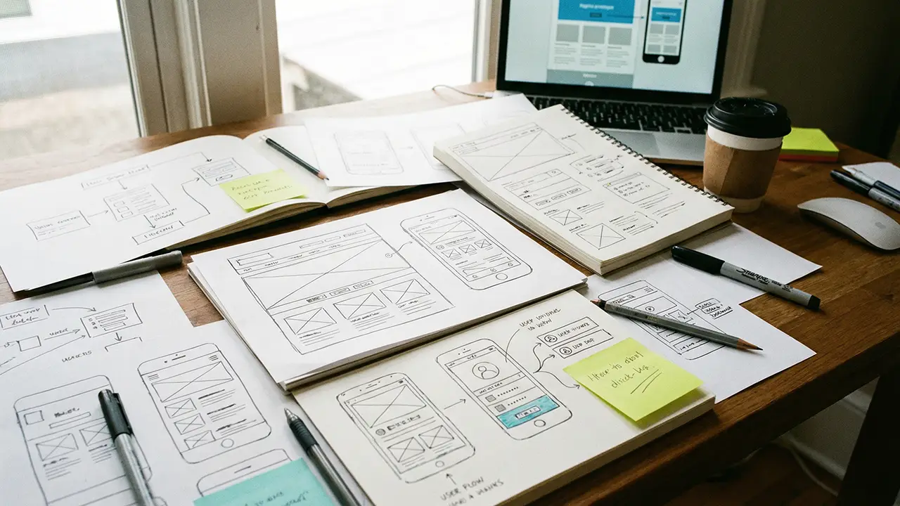 Skizzen und Wireframes für Webdesign auf einem Schreibtisch – konzeptionelle Arbeit einer Webdesign Agentur aus Hannover